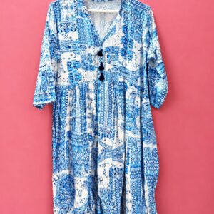Blue & White Printed Long Kurti Dress with Tassel Detail
