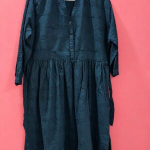 Navy Blue Embroidered Cotton Long Dress